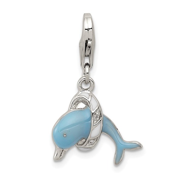 925 Sterling Silver Enameled Mini Small Dolphin with Lobster Clasp Charm Pendant - Picture 1 of 4